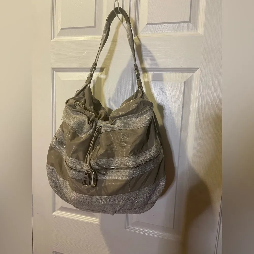 Juicy Couture Nylon taupe & cotton silver shimmery hobo bag leather strap